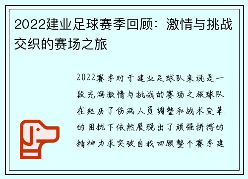 2022建业足球赛季回顾：激情与挑战交织的赛场之旅