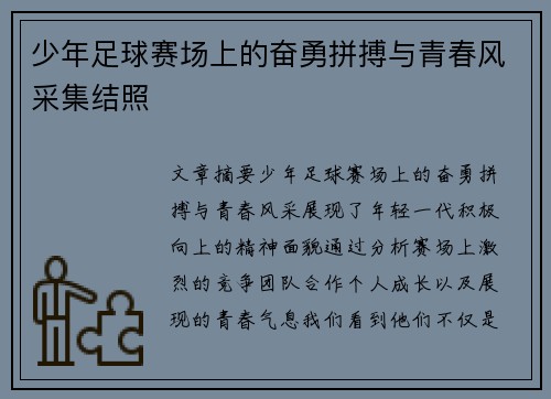 少年足球赛场上的奋勇拼搏与青春风采集结照