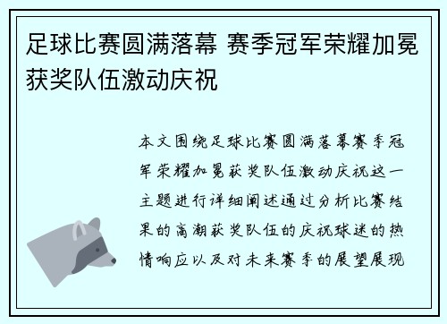 足球比赛圆满落幕 赛季冠军荣耀加冕获奖队伍激动庆祝
