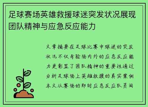 足球赛场英雄救援球迷突发状况展现团队精神与应急反应能力