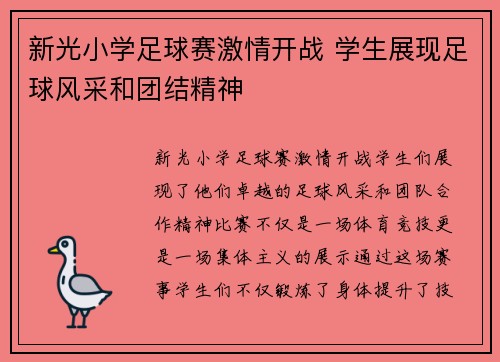 新光小学足球赛激情开战 学生展现足球风采和团结精神