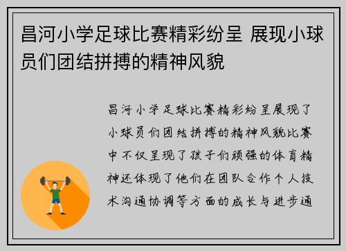 昌河小学足球比赛精彩纷呈 展现小球员们团结拼搏的精神风貌