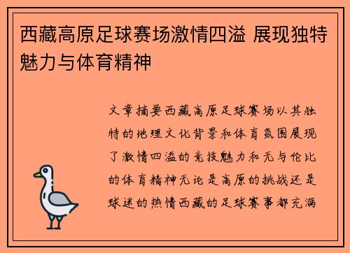 西藏高原足球赛场激情四溢 展现独特魅力与体育精神