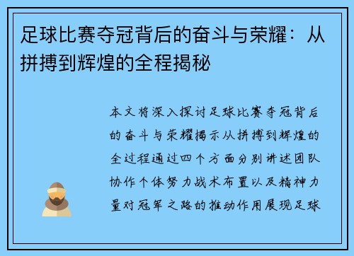 足球比赛夺冠背后的奋斗与荣耀：从拼搏到辉煌的全程揭秘