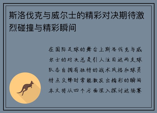 斯洛伐克与威尔士的精彩对决期待激烈碰撞与精彩瞬间