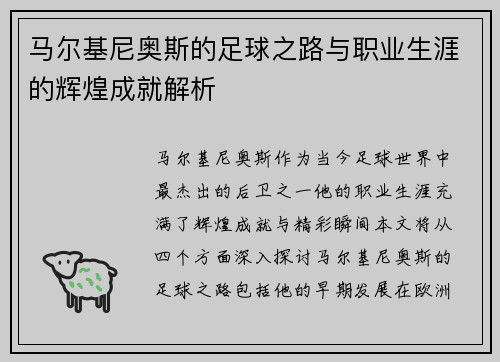 马尔基尼奥斯的足球之路与职业生涯的辉煌成就解析