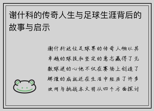 谢什科的传奇人生与足球生涯背后的故事与启示