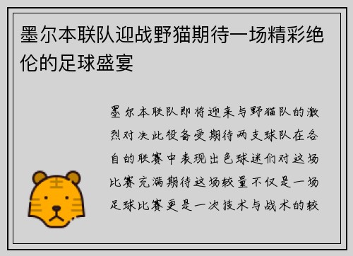 墨尔本联队迎战野猫期待一场精彩绝伦的足球盛宴